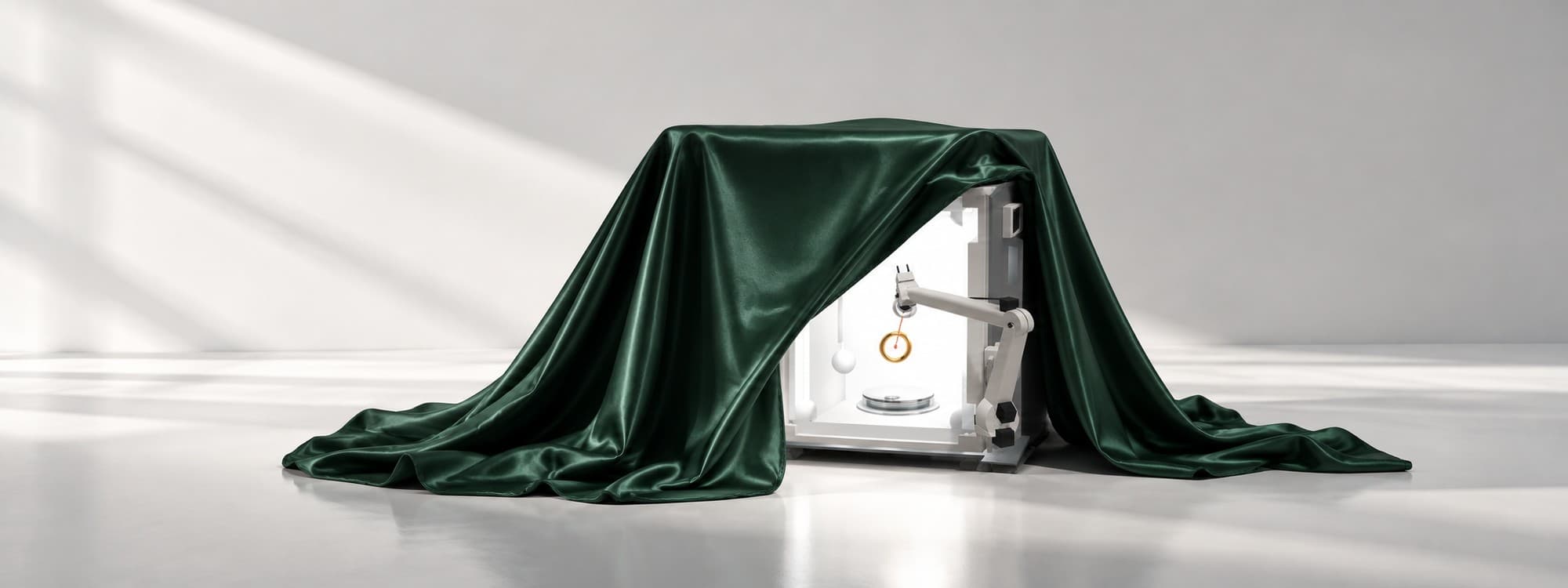 A forest-green satin cloth drawn back from a white, fully lit studio enclosure to reveal a robotic arm holding a gold ring above a turntable